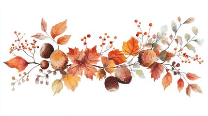 Fall Illustration. Watercolor Spruce Branch with Leaves, Berries and Acorns