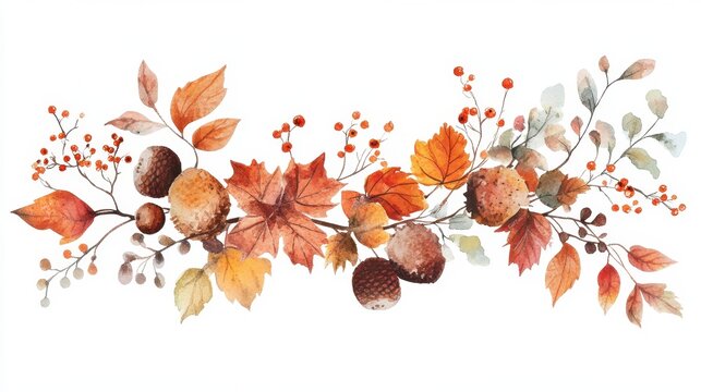 Fall Illustration. Watercolor Spruce Branch with Leaves, Berries and Acorns