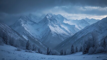 Snow-covered mountain range with towering peaks and forested slopes under stormy sky. Winter landscape scene. Nature and mountain scenery. The concept of winter mountains and cold climate.