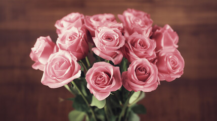 Naklejka premium Pink roses in a lush bouquet, evoking timeless romance with a soft vintage charm