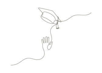Obraz premium Hand trows gaduation cap, continuous one line drawing. Hat flying as symbol finish learning in university. Vector linear illustration