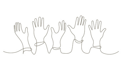 Hands up of the person, continuous one line drawing. Vote, opinion, active feedback, volunteer. Vector linear illustration