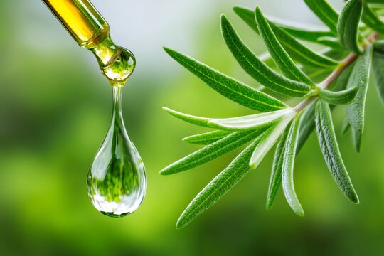 Dripping essential rosemary oil from a dropper for aromatherapy and natural medicine
