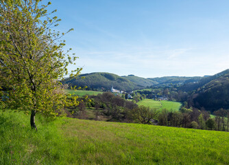 village with typical church in german suedeifel under blue sky in spring