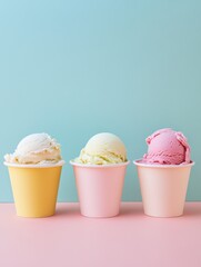 Pastel Gelato Trio. Three Flavors in Cups, Soft Light and Minimalist Summer Mood