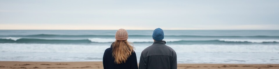 Fototapeta premium Two people are standing on a beach, one wearing a blue hat. The scene is calm and tranquil, with the ocean in the background. The two people are likely enjoying each other's company
