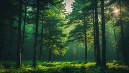 Obraz premium Lush green forest scene with tall trees and sunlight filtering through the canopy. Nature and woodland setting. Tranquil and vibrant forest landscape.