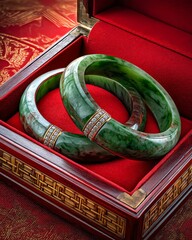 Elegant jade bangles in a red velvet box, representing cultural heritage and artistry. Perfect for showcasing traditional crafts.