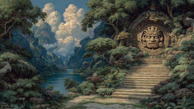 Kukulkan descending a staircase of feathers surrounded by lush jungle scenery