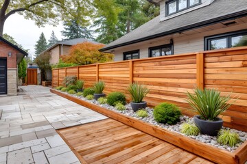 Obraz premium Horizontal wooden fence protecting modern backyard garden with plants