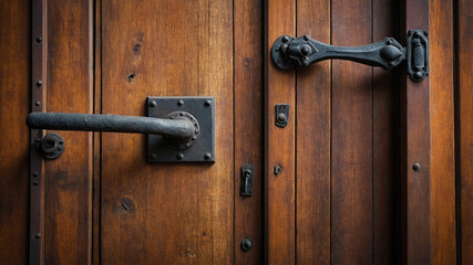 Obraz premium Wood Door Featuring Wrought Iron Hardware 