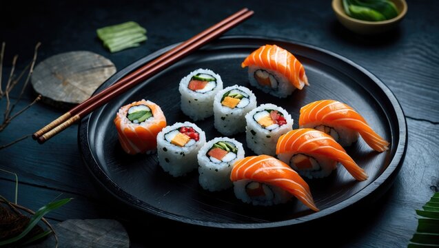 Fresh sushi rolls and salmon nigiri on a black plate with chopsticks, served on a dark wooden surface, highlighting Japanese cuisine and culinary presentation.