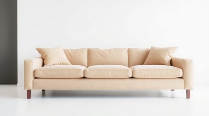 Minimalist cream-colored sofa with plush cushions and wooden legs against white background