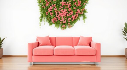 Vibrant coral sofa with metal legs, accent pillows, and floral wall decor in a modern living room