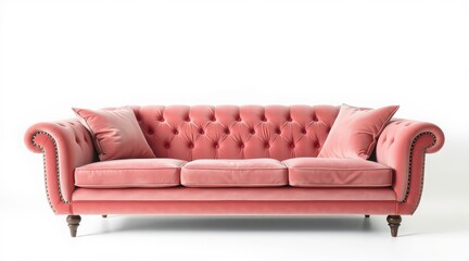 Luxurious pink tufted sofa with rolled arms and plush pillows, isolated on white background