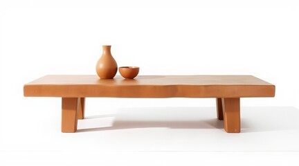 Wooden coffee table with vase and bowl on white background