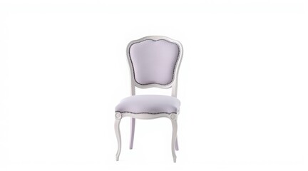 Elegant lavender chair with ornate backrest and white wooden legs on white background