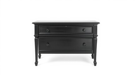 Elegant black dresser with two drawers and classic design on a white background