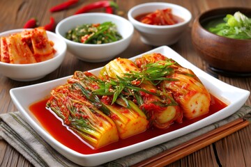 Fototapeta premium Delicious kimchi fermenting on white plate with side dishes and soup