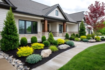 Beautiful landscaping and curb appeal enhancing a modern suburban home