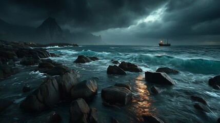 Obraz premium Dramatic Ocean Storm with Norway Coast, Ship, and Landscape.