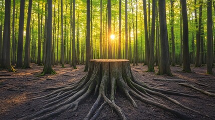 Majestic Tree Stump in Sunlit Forest at Sunrise