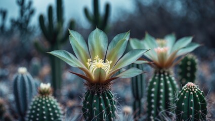 Flower blooming on cactus with green leaves and spines, desert landscape, succulents, botanical outdoor scene.