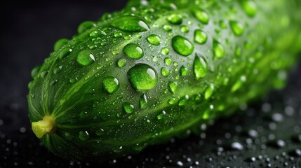 Macro shot of a fresh green cucumber with water droplets on dark background, ideal for organic vegetable advertising, hydration visuals and healthy food packaging design