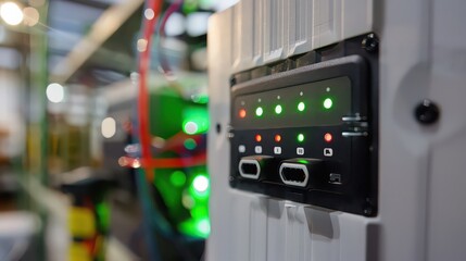 Close up of electronic device with green and red lights and ports in a server room environment