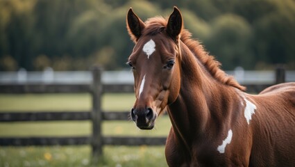 Fototapeta premium A brown horse with white patches standing in front of a wooden fence in a field.