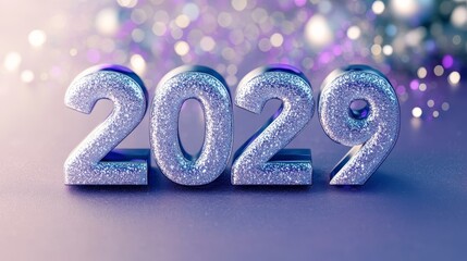 Silver Glitter 2029 New Year Celebration on Lilac Background with Sparkling Star Bokeh
