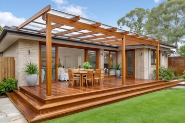 Wooden deck with pergola creating a relaxing outdoor living space
