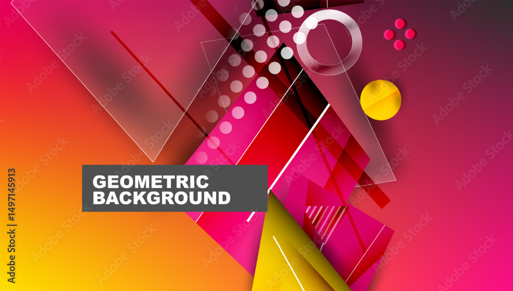 Poster Vibrant abstract design. Geometric shapes overlap, creating dynamic visual effect. Colors blend from yellow to magenta. Modern background texture.