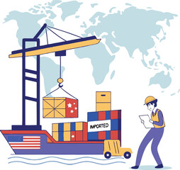 Naklejka premium Global Shipping and Import Logistics – Cargo Ship at Port with Containers and Worker on Checklist