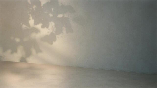 4K Seamless loop of soft leaf shadows on minimalist wall and floor, natural light animation with copy space, botanical overlay background for product presentations, branding visuals, calming design
