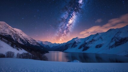 Fototapeta premium Starry night sky over snowy mountains and lake with the Milky Way, cold landscape. Nature and astronomy, space. The beauty of the night sky.
