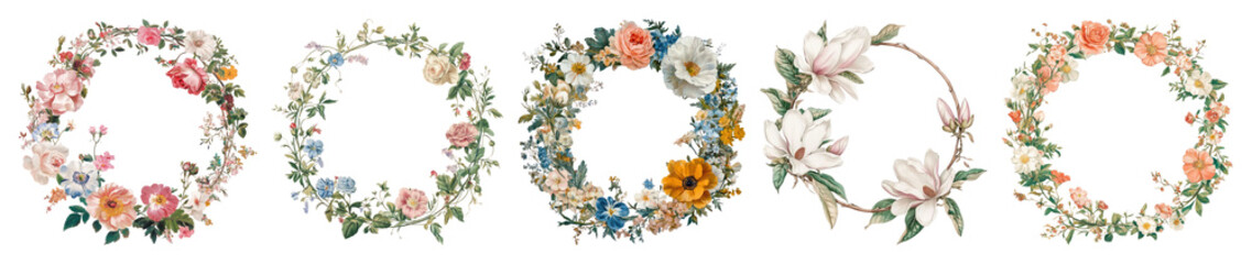 Fototapeta premium PNG Elegant floral wreath designs, element set on transparent background
