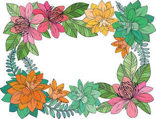 A colorful vector illustration of a succulent floral frame featuring a variety of blooming flowers and lush green leaves arranged in a decorative border