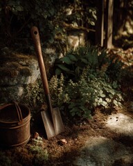 Rustic Garden Shovel and Rusty Bucket