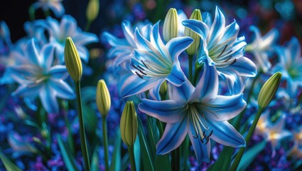 Colorful blue and white lilies with unopened buds, vibrant floral scene.