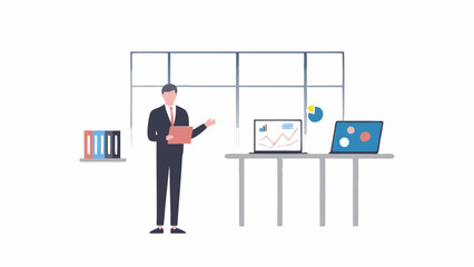 Man in suit presenting data with laptop and pie chart near window and bookshelf, holding a folder