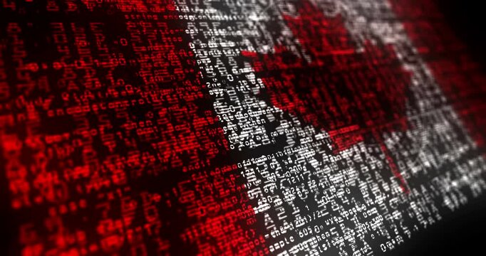 Canada flag waving secure code. Canadian blowing banner cyber security attack and hack concept animation.