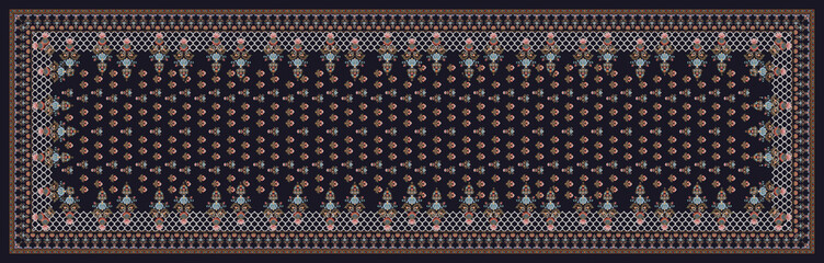 Elegant floral and geometric border scarf design on black background in traditional ethnic style for fabric and textile printing