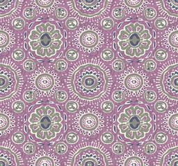 Ethnic Hand drawn Mandala Seamless Pattern in Purple and Green