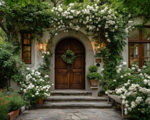 White Roses Climbing a Stone House with Wooden Door