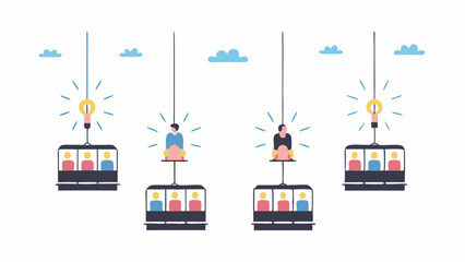 Illustration of gondola lifts with passengers and lightbulbs representing ideas and innovation concept © Mambo_VG