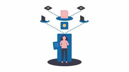 Illustration of woman standing with document in front of a network of devices and data storage icons
