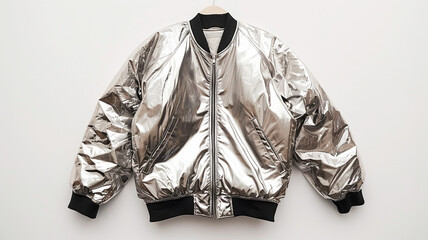 Shiny silver bomber jacket. Trendy, metallic outerwear with a classic bomber silhouette. Perfect for a stylish and edgy look.