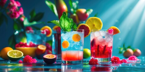 Bright colorful fruit drinks with ice and fresh fruit garnishes, vibrant background, and lush greenery. Refreshing summer beverages and exotic fruit concept.