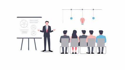 A business presentation with a speaker presenting to an audience with lightbulb idea concept shown above